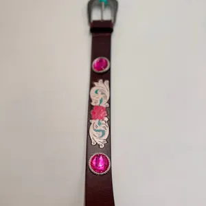 American Bison Large Brown Leather Western Belt Pink Conchos Floral Accent NWT thumbnail 5