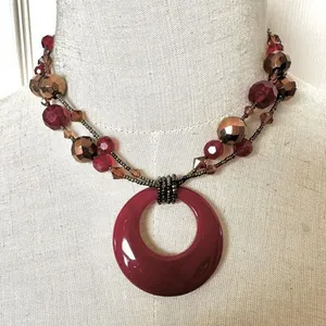 Lia Sophia red beaded double stranded pendant necklace thumbnail 1