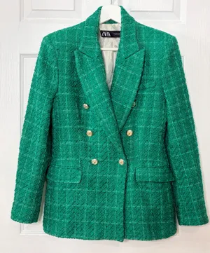ZARA Green Bouclé Tweed Double Breasted Blazer Gold Button Quiet Luxury Preppy M thumbnail 2