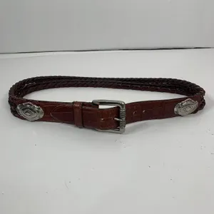 Brown‎ Leather Size M Croc Embossed Braided Belt Silver Tone Heavy Buckle Concho thumbnail 2