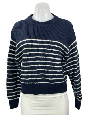 Aritzia Wilfred Maria 100% Wool Navy Blue White Striped Pullover Sweater Top M thumbnail 1