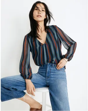 Madewell Sheer-Sleeve Top in Academy Stripe Color Winter Architect Green sz. XXS thumbnail 1