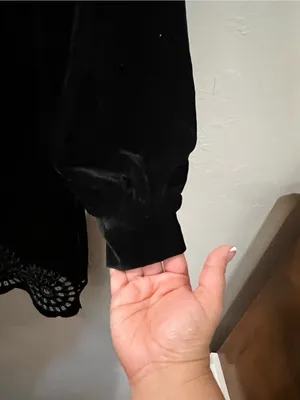 Zara Black Velvet Button Front Scalloped Eyelet Hem Flowy Mini Whimsy Goth Dress thumbnail 5