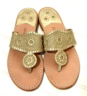 Jack Rogers Jacks Flat Sandal Gold Glitter Leather Thong Sandals Womens 9M thumbnail 1