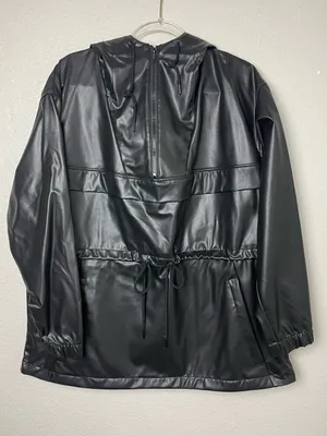 H&M Divided Oversized Black Faux Leather Hooded Anorak Utility Jacket Size L thumbnail 1