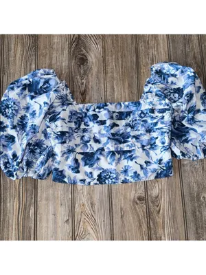 Abercrombie & Fitch Blue Floral‎ Puff Sleeve Crop Top Smocked Pleated L thumbnail 2