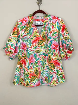 THML Floral Tropical Puff Sleeve Ruffle V Neck Top Size XL thumbnail 2