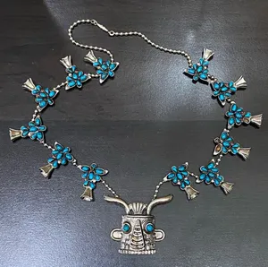 Vintage Kachina Mask Faux Turquoise Southwestern Style Squash Blossom Necklace thumbnail 2