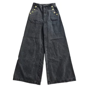 Freemarket Women Black Wide Leg Sailor Jeans Gold Button High Waist Small thumbnail 3