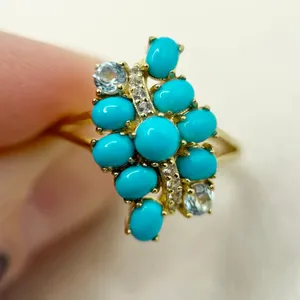 Sleeping Beauty Turquoise White Sky Blue Topaz 18k Yellow Gold Over Silver Ring thumbnail 7