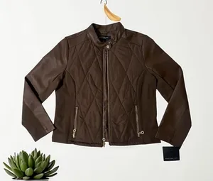 Marc New‎ York Jacket Faux Leather Quilted Dark Earth Moto Biker Large thumbnail 1