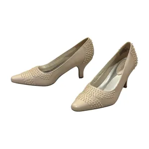 Silver Slipper Pumps Size 7M Beige Pearl Embellished Kitten Heels thumbnail 4