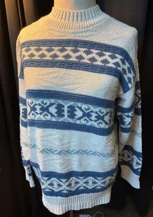 Vintage Cafe La Vie Blue Cream Geometric‎ Fair Isle Mock Neck Knit Sweater thumbnail 1
