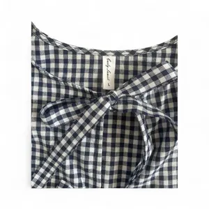 Gingham Navy White Puff Long Sleeve Babydoll Blouse with Front Bows size L thumbnail 3