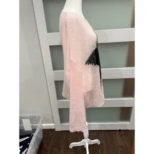 Soft and cozy Pink Star Open‎ Knit Oversized Sweater Scoop Neck Sheer Pullover thumbnail 2