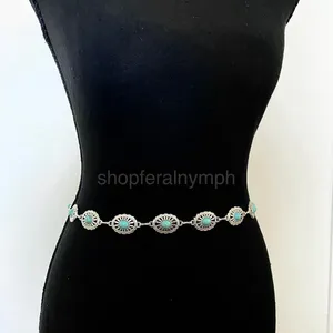 Silver Turquoise Oval Western Boho Chain Belt, Fits 24-43 Inches, X7GA1264 thumbnail 6