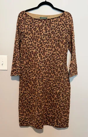 Lauren Ralph Lauren Leopard Print Sheath Dress Brown Tan Cotton Knit Size L thumbnail 1