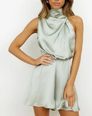 NWT Hello Molly On A Drive Sage High Neck Back Cut Out Satin Romper Playsuit L thumbnail 1