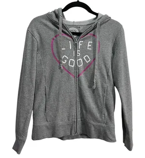 Life Is Good Zip Up Hoodie Gray Pink Relaxed Fit Womans XS Heart Design Sweater thumbnail 1