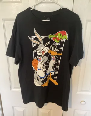 Space Jam Looney Tunes Daffy Duck and Bugs Bunny Large Black T-Shirt thumbnail 1