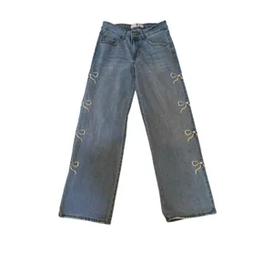 Wide Leg Bow Embroidered Jeans‎ Blue White Trendy Coquette Baggy Preppy Size 27 thumbnail 2