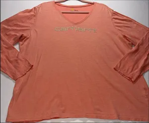 Carhartt Long Sleeve V-Neck Graphic‎ T-Shirt Women XXL Coral Studded Logo Casual thumbnail 1