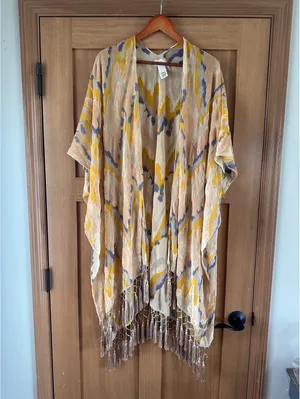 Free People Dripping Velvet Burnout Fringe Kimono Duster Yellow Women’s ONE SIZE thumbnail 9