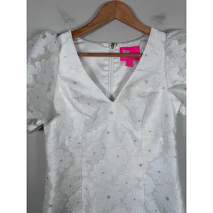 Lilly Pulitzer Citra Floral Embroidered Puff Sleeve Sheath Dress Women 00 White thumbnail 4
