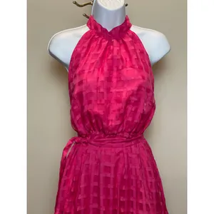 ChicWish Pink Dress with Solid & Sheer Checkered Overlay Halter Ruffle Neck Sz M thumbnail 2
