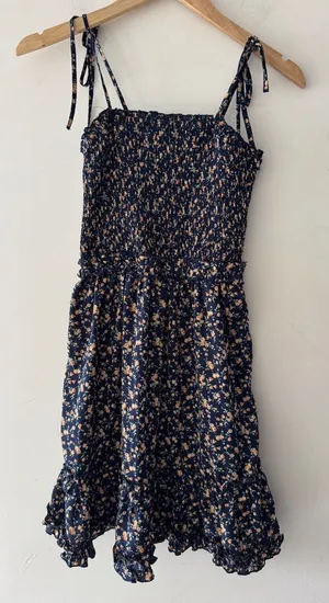 Miss‎ Me Blue Floral Tie Strap Smocked Ruffle Hem Dress thumbnail 1