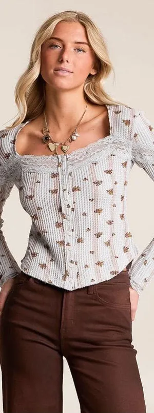 Free People Lets Party Floral Lace Trim Cotton Cardi Boho Cottagecore Sz Med 💛🍄 thumbnail 1