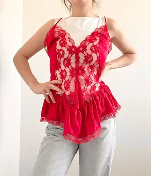 Vintage Wendy Ann Sheer Red Lace Peplum Camisole thumbnail 1