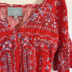 Small Skies are Blue Red Blue Boho Floral Print Dress Bell Sleeves Button Lined‎ thumbnail 2