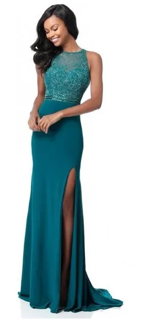 Sherri Hill Teal Beaded Halter Prom Gown with Side Slit thumbnail 1
