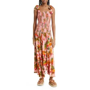 FARM RIO Mango Trees Smocked Bodice Midi Dress in Mango Trees Pink Size Small thumbnail 3