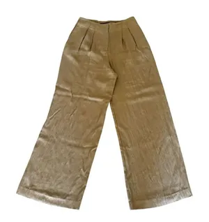 Zara Beige Tan Pleated Viscose Wide Leg Y2K High Waist Trouser Pants SZ S #2434 thumbnail 1