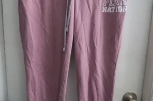 PINK Victoria's Secret shoelace front leggings pink nation on left leg drawstring in pink and white size medium. thumbnail 3
