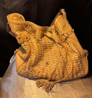 Cole Haan Genevieve Tan Woven Leather Hobo Bag Optical Weave Tassel Shoulder Bag thumbnail 1