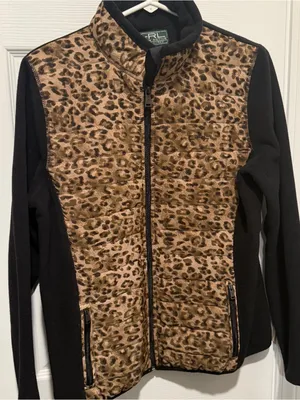 Y2K Lauren Ralph Lauren Active Leopard Quilted Fleece Jacket L thumbnail 1