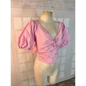 Anthropologie Mare Mare Pink Puff Sleeve Twist Front Bow Back Blouse Size XS thumbnail 2