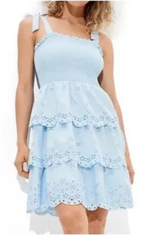 American Eagle Mini Dress Womens‎ Medium Blue Cottagecore Eyelet Smocked Tiered thumbnail 1