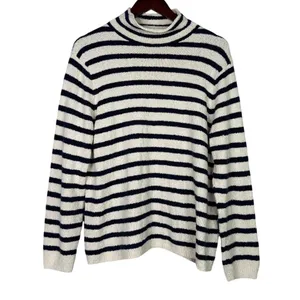 J. Crew Striped Knit Boucle Mock Neck Long Sleeve Sweater L Cream Navy Blue thumbnail 11