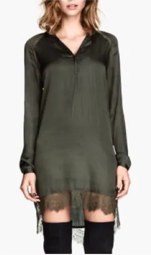 ✨HP✨H&M Silky Olive Green Lace Trim Tunic Dress✨ thumbnail 1