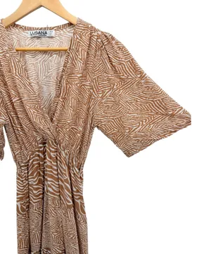 LUSANA Tan Zebra Print Maxi Dress XS 2 Tiered Elastic Waist V-Neck Resortwear thumbnail 1