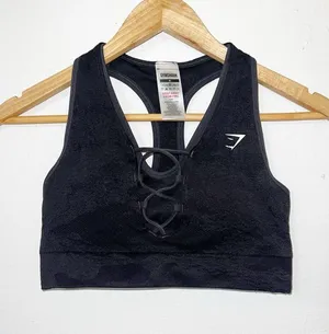 Gymshark adapt black/onyx gray camo lace up front seamless racerback sports bra thumbnail 1