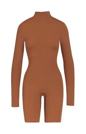 SKIMS Size Small ALL-IN-ONE LONG SLEEVE MID THIGH ONESIE CARAMEL NWT Jumpsuit thumbnail 1