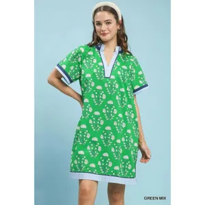 Umgee Printed Split Neck Short Sleeve Shift Dress - Green Mix - Medium thumbnail 2