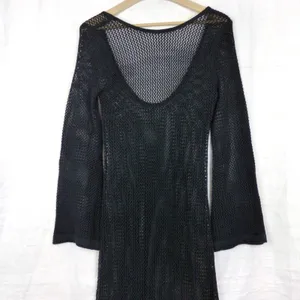 Black Open Knit Crochet Maxi Dress Size XS/S Bell Sleeve Sheer Goth Boho Witchy thumbnail 8