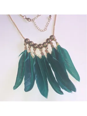 Gold Tone & Green Feather Beaded Boho Statement Necklace thumbnail 3