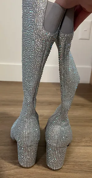 Pointed Toe Rhinestone Block Heel Boots Silver Size 8.5 thumbnail 5